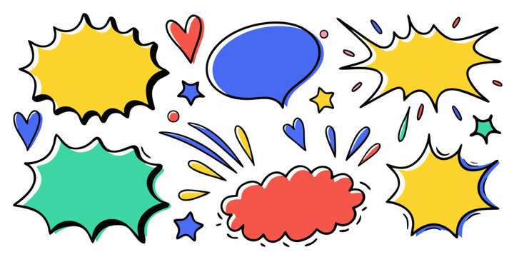 Colorful hand drawn speech bubbles and comic elements on a white background