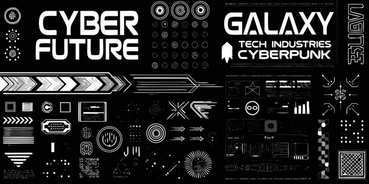 cyberpunk graphic elements collection bold black and white futuristic design on white background