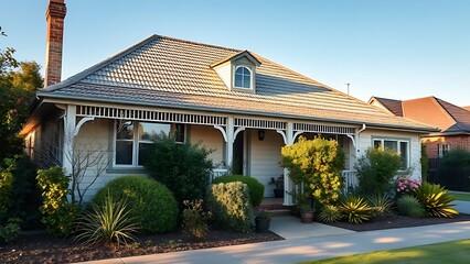 Fototapeta premium Charming suburban house with garden under clear blue Australian sky