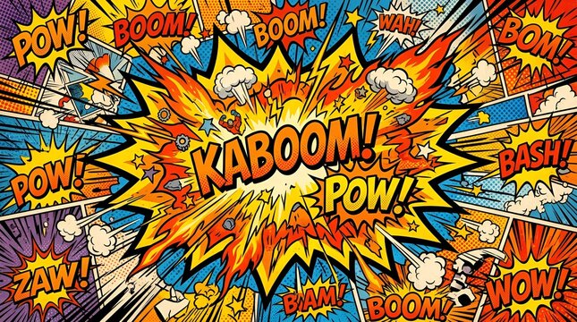 Explosive Comic Book Background with "KABOOM!" and Action Sound Effects