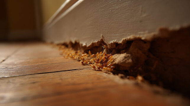 Damage to Home Structure from Termites Eating Wood and Baseboard Indicating Pest Infestation Requiring Extermination and Repair Work