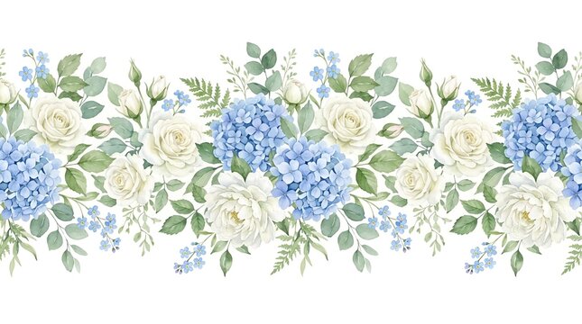 Watercolor Floral Border: White Roses, Blue Hydrangeas, Ferns, and Forget-Me-Nots