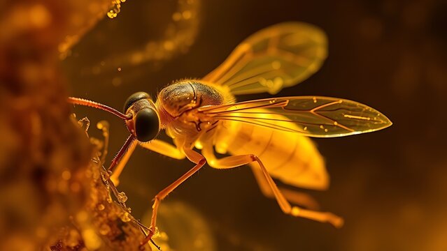 Ancient insect encased in golden amber, translucent resin capturing natural details.