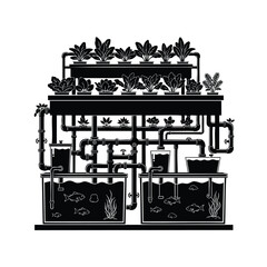 Fototapeta premium Aquaponic system with fish tanks and leafy greens in black vector graphic.