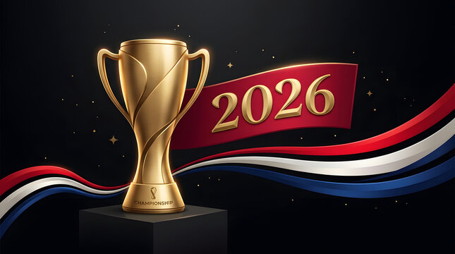 Golden soccer trophy and 2026 year banner with ribbon gold trophy sports award first place