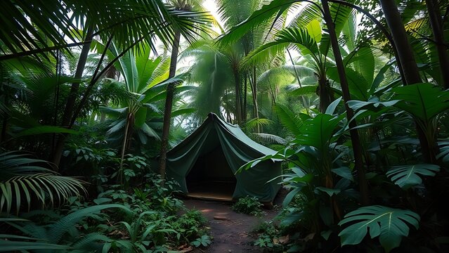 A camouflaged camp hidden in dense tropical rainforest.