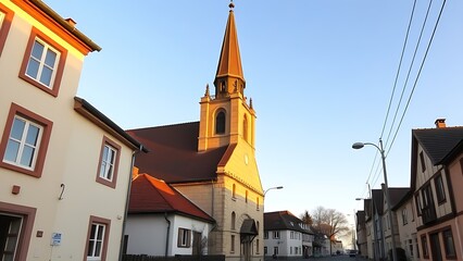 Fototapeta premium A street with a European church spire and local dwellings, golden hour light.