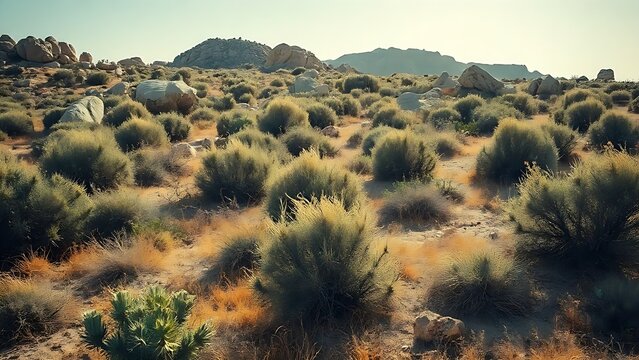 Mediterranean scrubland with low thorny bushes and sun-bleached rocks under bright sunlight.