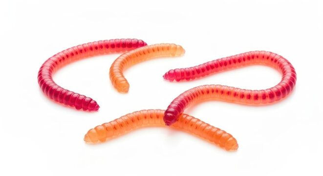 Four colorful, gummy candy worms curl against a clean, white background