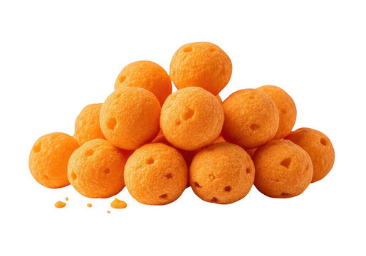 A pile of round, orange cheese-flavored corn puff snacks isolated against a solid black background