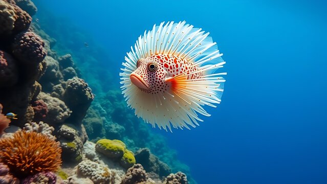 A pufferfish inflated into a sphere floating above a coral reef.