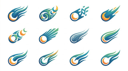 Collection of stylized comet icons with fiery tails. © Dalbo