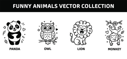 Fototapeta premium Funny animal vector collection panda owl lion and monkey line art illustrations for graphic design