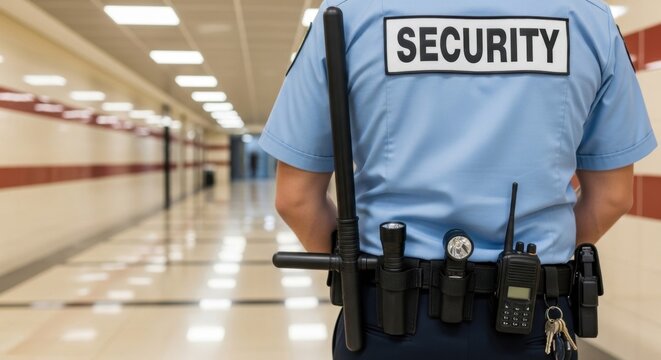Security guard in uniform with equipment patrolling a modern hallway