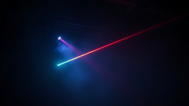 Dark underground club with single colorful laser beam through haze.
