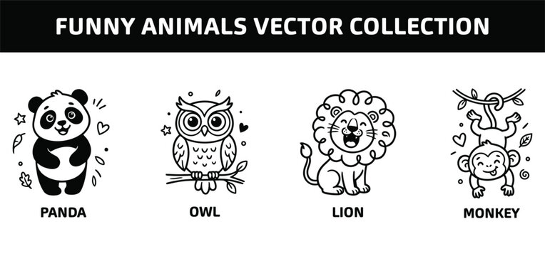 Funny animal vector collection panda owl lion and monkey line art illustrations for graphic design
