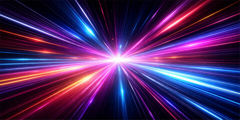 Vibrant abstract light trails explode outwards from a central luminous point, creating a dynamic sense of speed and energy with a spectrum of neon colors. © LumenCraft
