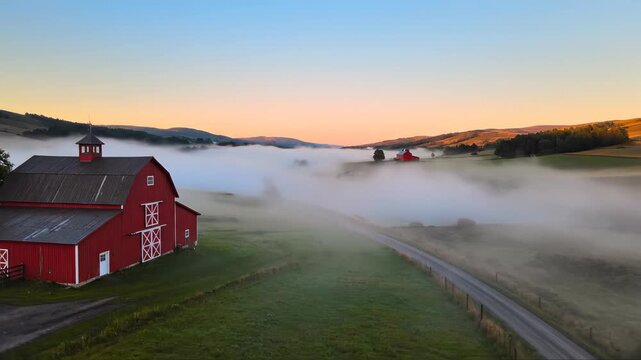 Red barn emerges from morning mist with distant hills