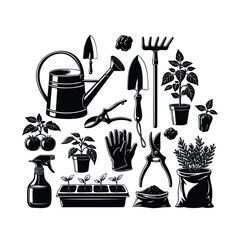 Obraz premium Gardening tools and plants with watering can and supplies.