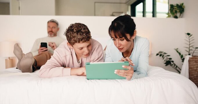 Mother, child and happy with tablet on bed for virtual board game, bonding activity or development. Family, mom and kid with tech in home for playing online puzzle, problem solving and weekend break