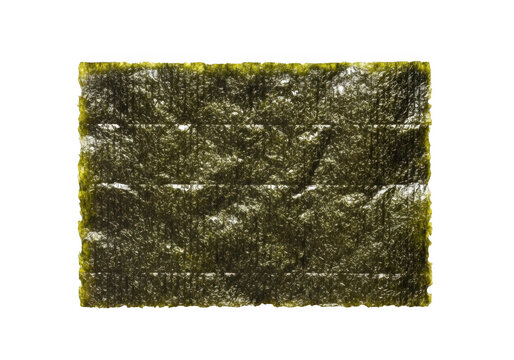 A rectangular sheet of dark green dried nori seaweed with a textured, crinkled surface isolated on a solid black background