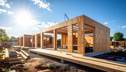 Fototapeta premium New Home Construction Site with Wooden Frame Under Sunny Sky.