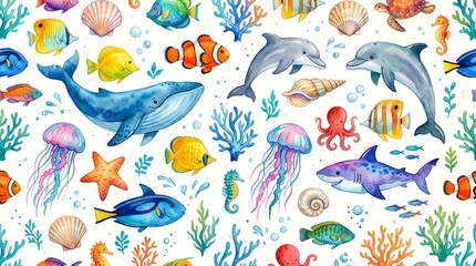 Naklejka premium Colorful Watercolor Ocean Life Seamless Pattern - Whales, Dolphins, Fish, Jellyfish, Octopus