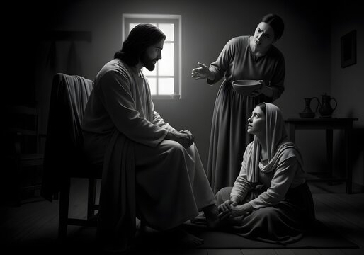 Jesus Christ with Mary and Martha in a Humble Home, Depicting a Biblical Narrative of Faith and Devotion in Black and White