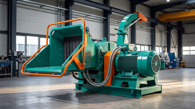 Powerful industrial wood chipper machine processing biomass in a modern factory setting. Efficiency & green energy solution