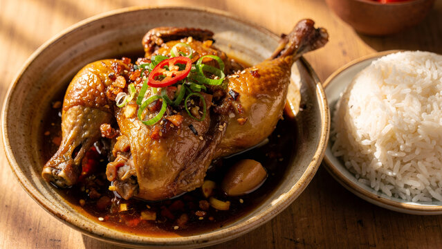 Braised chicken Vietnamese style, tender chicken pieces in caramelized savory sauce with ginger, garlic, fish sauce, garnished with green onions and chili, served in a rustic bowl with steamed jasmine