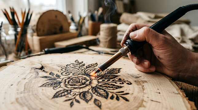 Craftsperson's hands carefully burn an intricate floral design onto a wood slice, showcasing skilled pyrography
