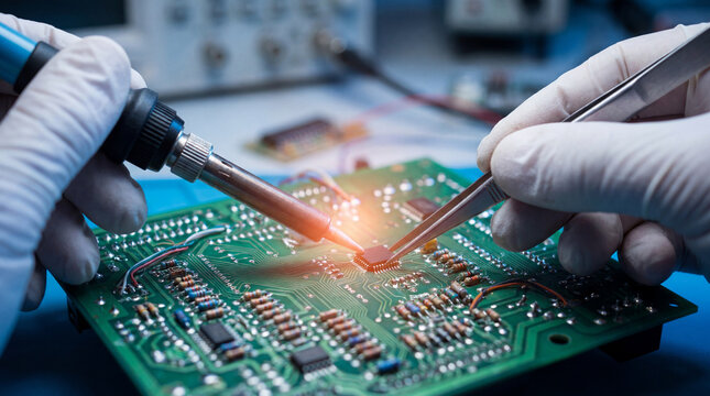 Hands in protective gloves precisely soldering a microchip onto a green circuit board. Essential for electronics assembly and repair