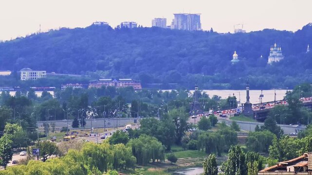 Aerial View Timelapse of Kyiv with Paton Bridge and Dnieper River Waterfront in Ukraine