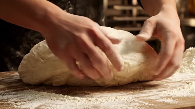 Baker Kneading Fresh Dough on Wooden Surface with Flour 1.