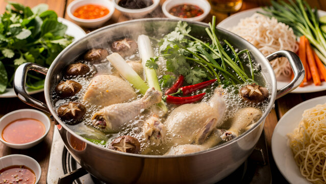 A steaming Vietnamese chicken hotpot (lẩu g&agrave;) in a large metal pot, with chicken pieces, mushrooms, lemongrass, chili, and fresh herbs like cilantro and green onion. Surrounding plates of fresh vegeta