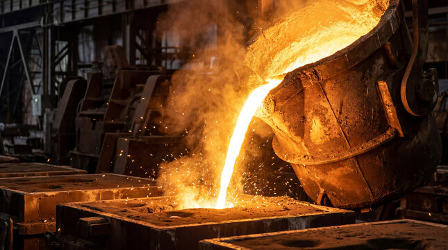 Molten metal flows from a large ladle into sand molds, creating sparks and smoke in a hot, industrial foundry setting