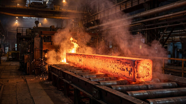 Red-hot steel billet moves on a roller conveyor in a vibrant industrial mill, showcasing heavy industry manufacturing