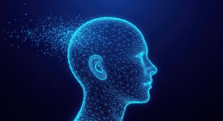 Obraz premium Digital human head profile with exploding particles illustration