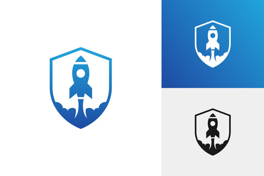 Rocket Ship Launch And Shield Protection For Cyber Security And Tech Startup Logo Icon Design