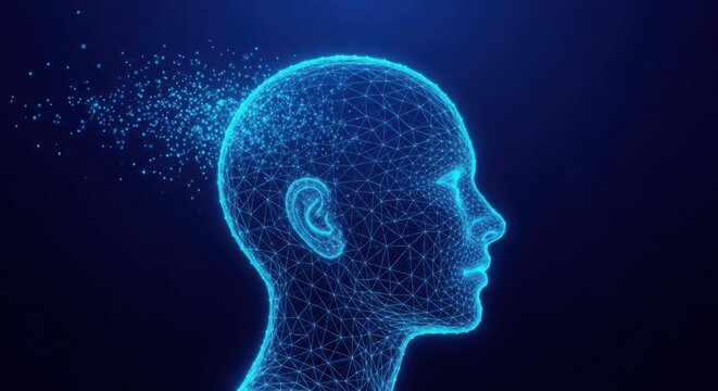 Digital human head profile with exploding particles illustration