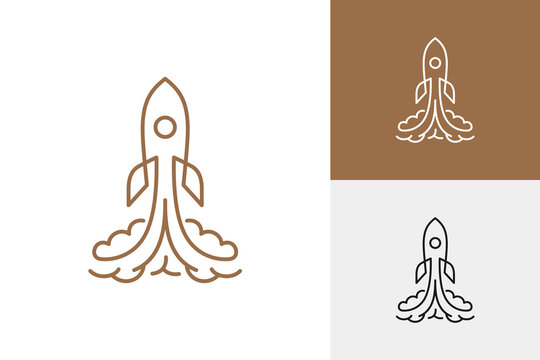 Rocket Ship Launch And Cloud Smoke Outline For Technology Startup Logo Icon Design