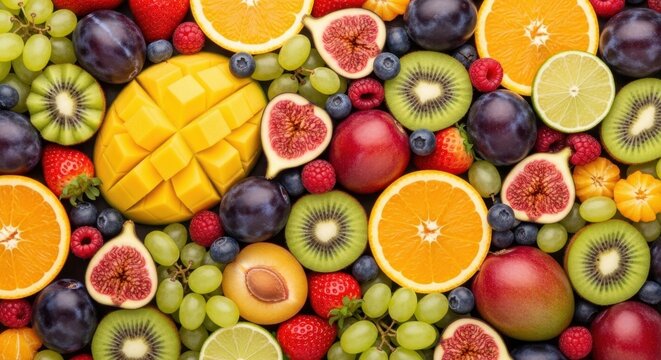 A vibrant medley of fresh mixed tropical and common fruits arranged in a colorful background pattern