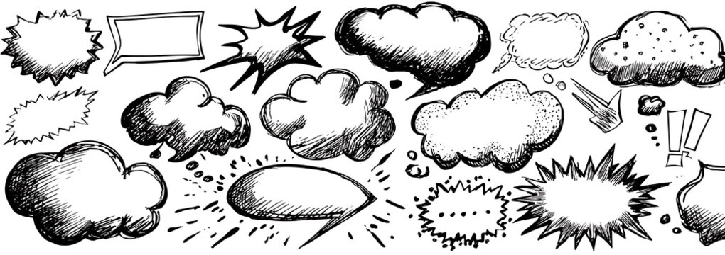 Black comic speech bubble overlays with artistic smear effect PNG