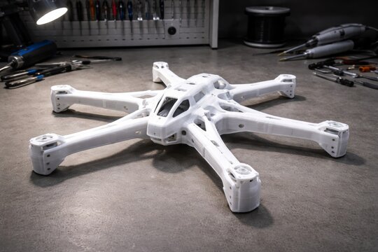 3d printed drone frame prototype on workbench in lab concept photo. Ai generative