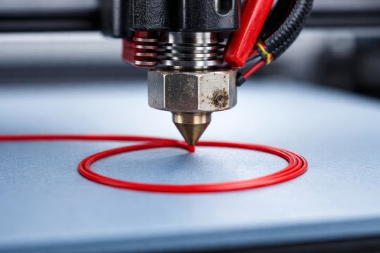 Close-up of 3D printer nozzle extruding filament on print bed surface. Ai generative