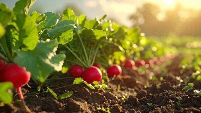 Fresh red vegetables growing in a garden with sunlight shining brightly