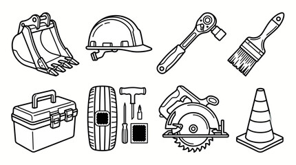 Fototapeta premium Construction Tools and Equipment Line Icons Set Featuring Excavator Bucket, Safety Helmet, Wrench, Paintbrush, Toolbox, Tire, Circular Saw, and Traffic Cone on Isolated White Background