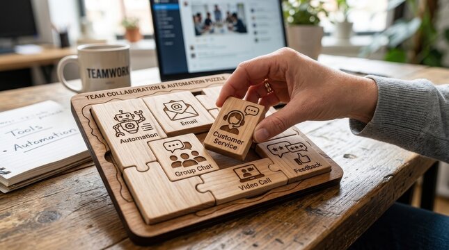 Hand placing wooden puzzle piece with communication icons on a board