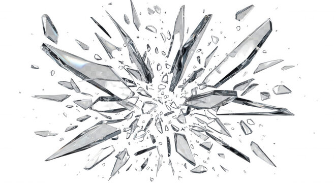 Sharp shards of transparent broken glass exploding outward against a solid black background, creating a dynamic radial pattern of