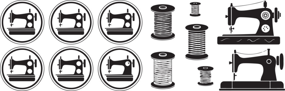Set of various sewing machines and thread spools in different styles and configurations on transparent background.